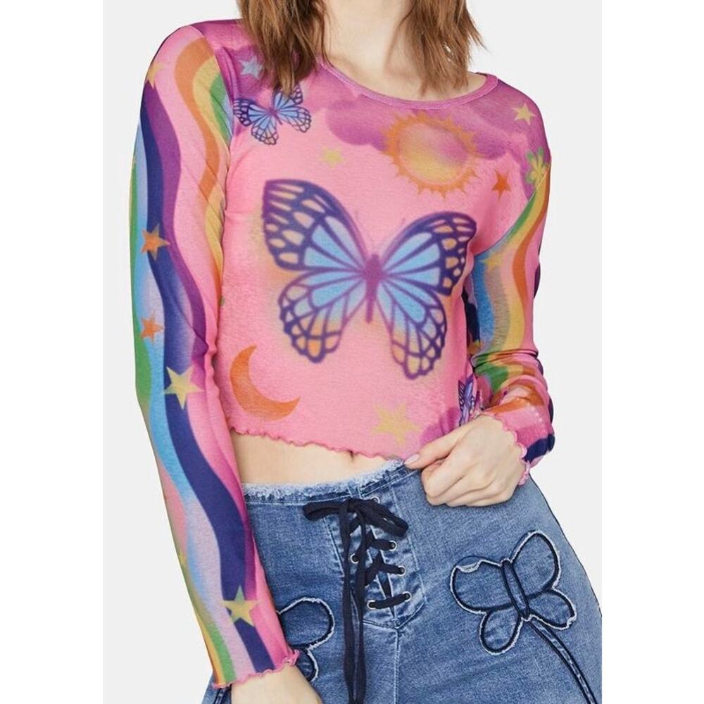 Delia's by Dolls Kill Air Brush Butterfly Long Sleeve Crop Top Lettuce Hem Sz S